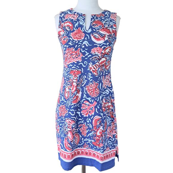 Barbara Erickson Lobsterfest Sleeveless Shift Dress Small Preppy Coastal RedBlue - Picture 1 of 9